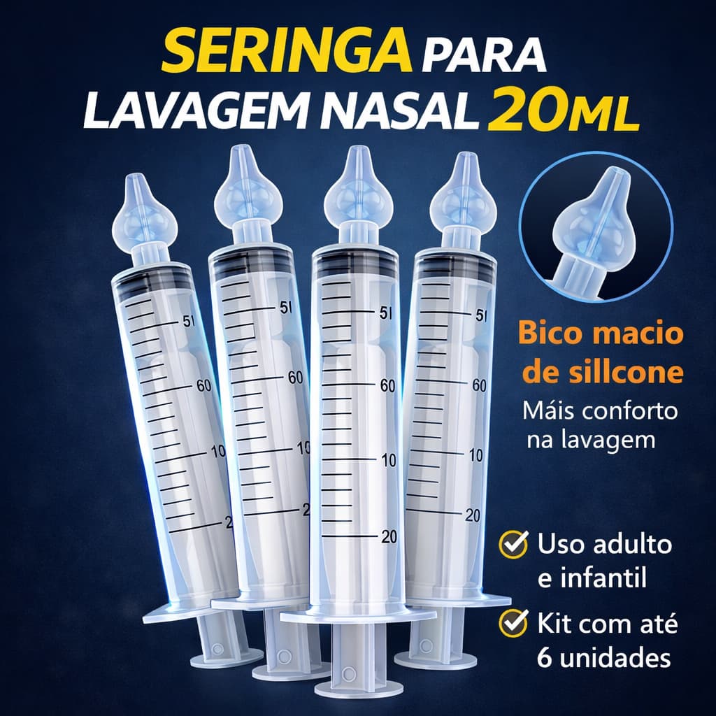 Seringa para Lavagem Nasal 20ml com Bico de Silicone | Kit até 6 Unidades - Bebe / Adolescente / Crianças e Adulto