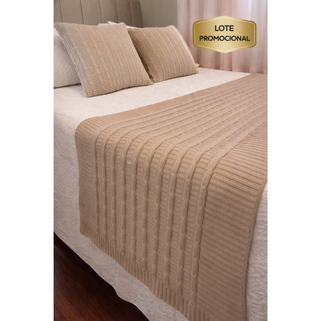 Kit Manta Peseira Trico Trança + 2 Capas Almofadas Solteiro/Sofá/Casal/Queen/King Cama Posta