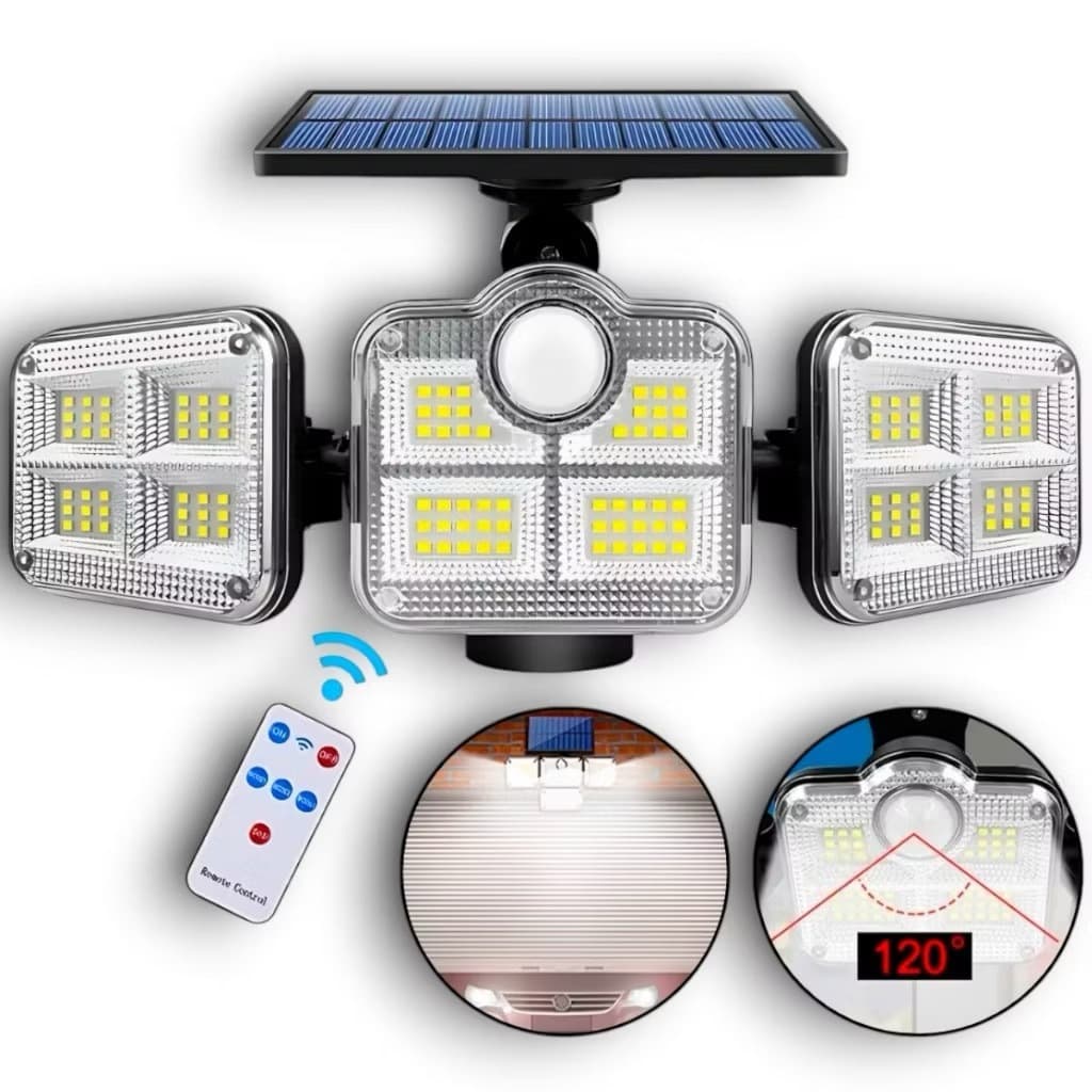 Refletor Grande de 122 Led Com Painel Solar Giratórias Sensor De Movimento Controle Remoto