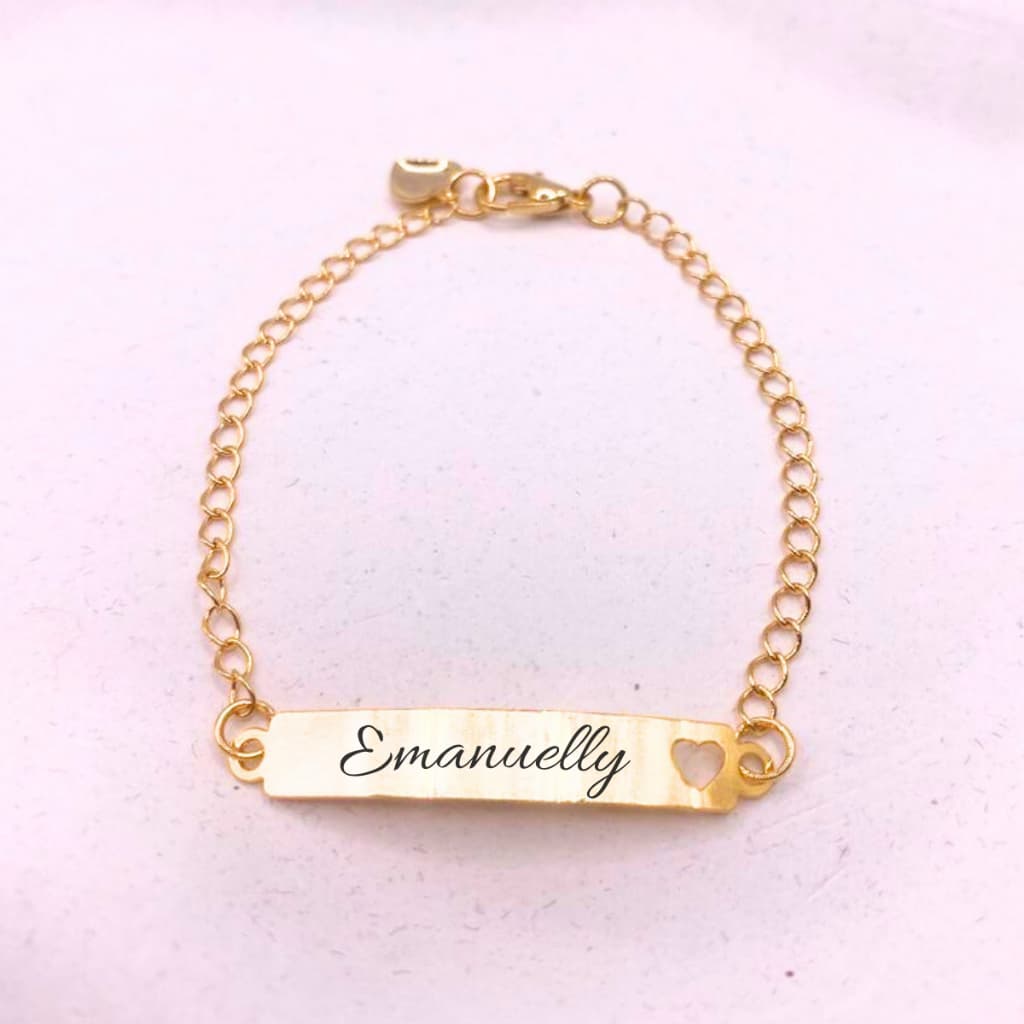 Pulseira Infantil RN Bebê Personalizado Coração Vazado Banhado A Ouro 18k Prata Gravação A Laser Nome