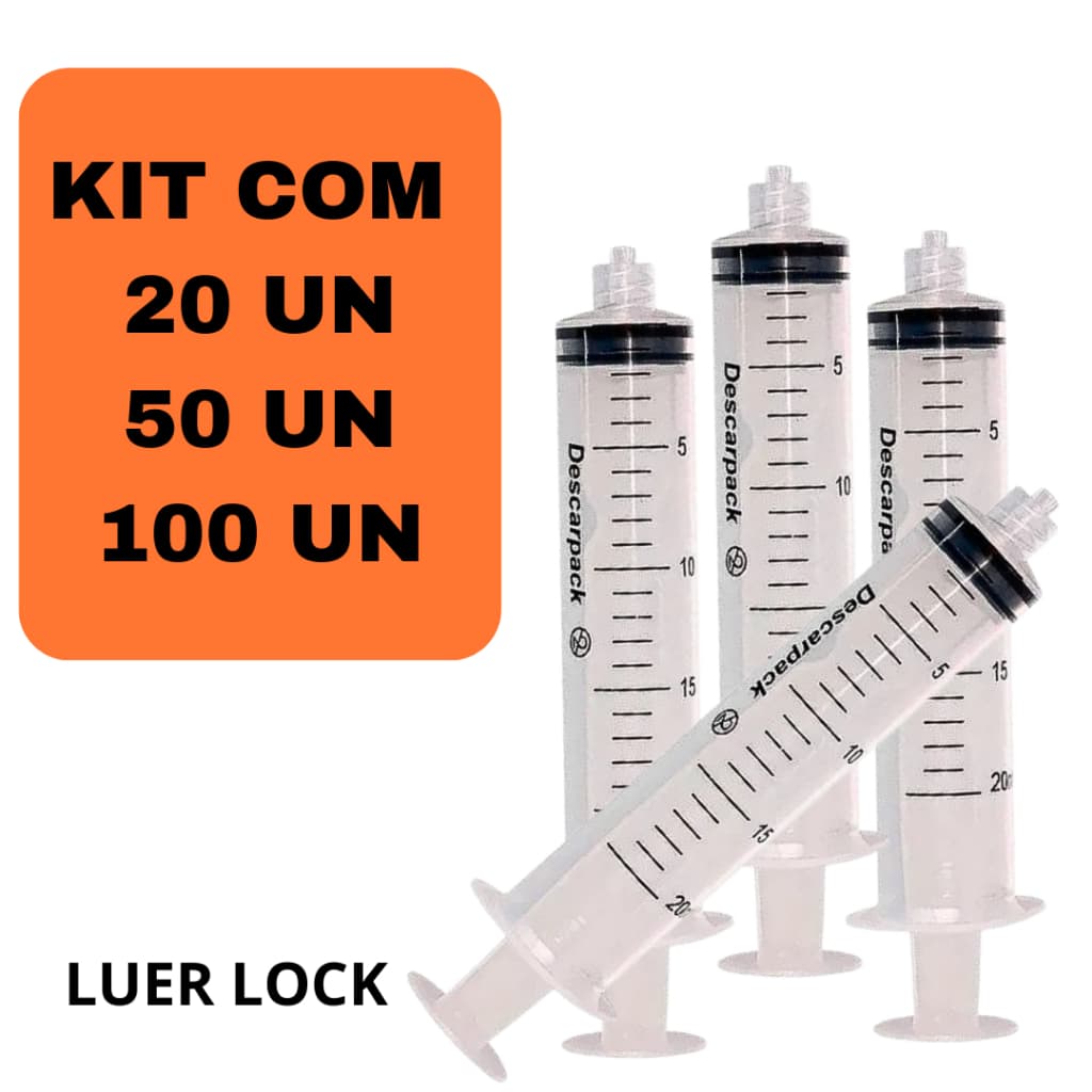 SERINGA KIT C/20/50/100 UN SERINGAS 20ML SEM AGULHA LUER LOCK DESCARTÁVEL