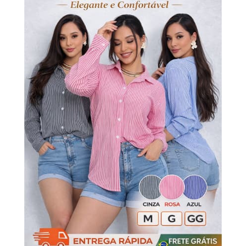 Camisa Social femenino listrada  social manga longa Elegante Lindo Blusa Lisa Chike Botão M G GG