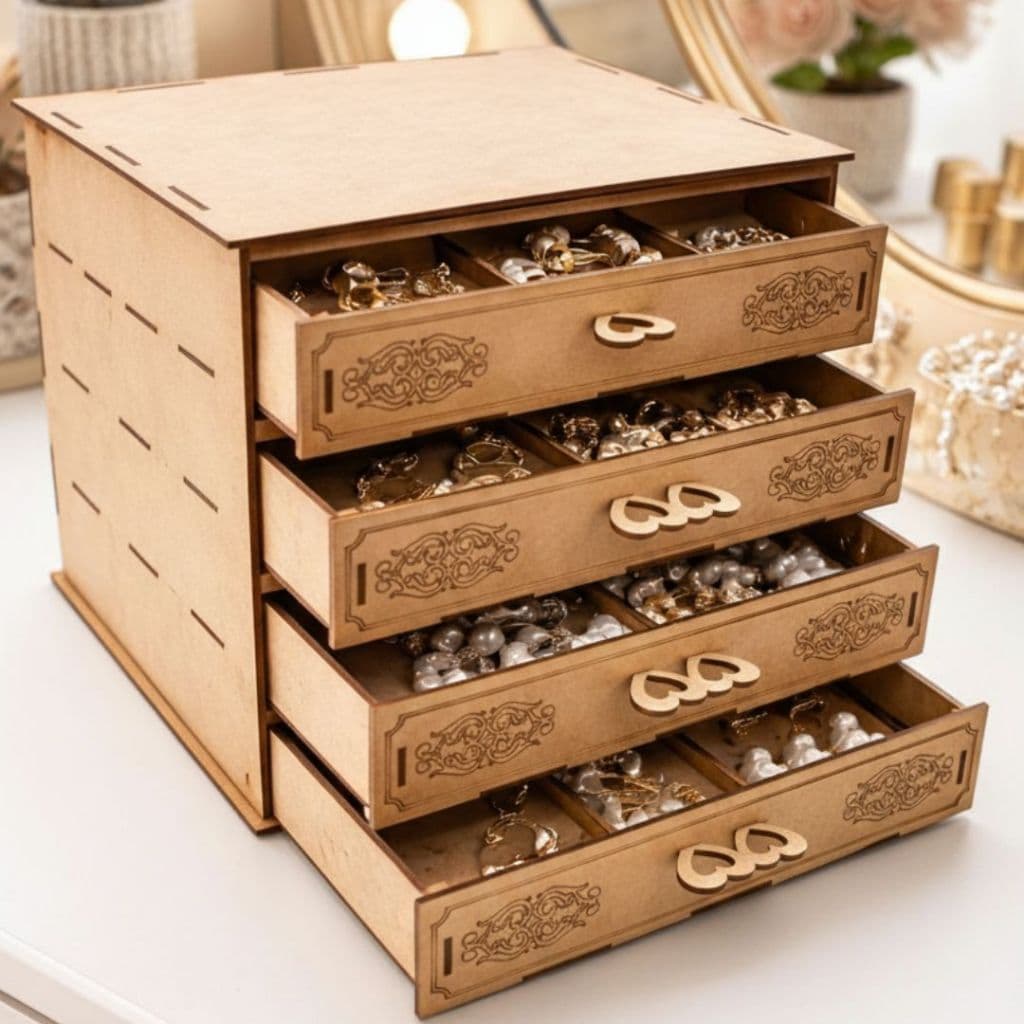 Porta Joia Organizador 4 Gavetas MDF Detalhes Delicado