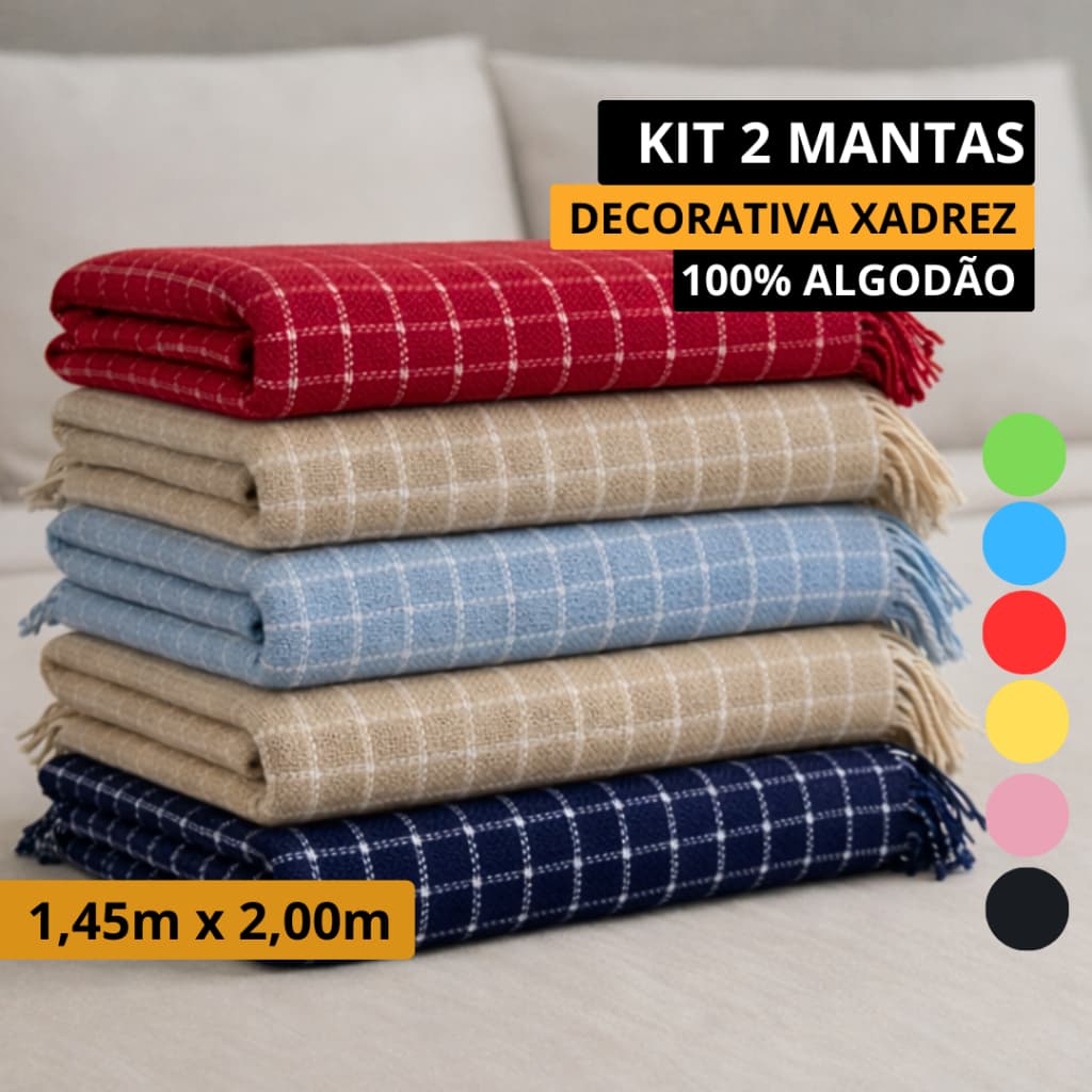 Kit Manta para sofá Xadrez 100% Algodão e Xale Para Sofá Ou Cama 145m x 2,00m Oslo