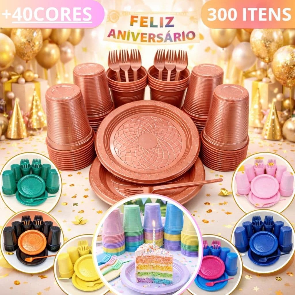Kit 300 Itens Festa Aniversário Descartáveis Plástico Colorido Perolado 100 Pessoas Completo Pratinho Garfinhos Copos