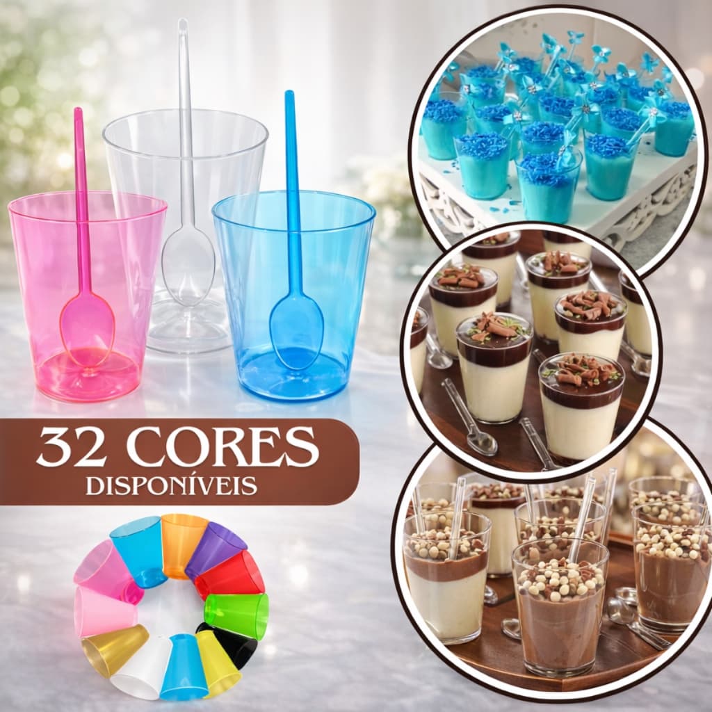 Kit 100 Copinho Potinho Cristal 25ml Acrilico Brigadeiro de Colher Docinho Licor + 100 Colheres Tacinha Aniversário