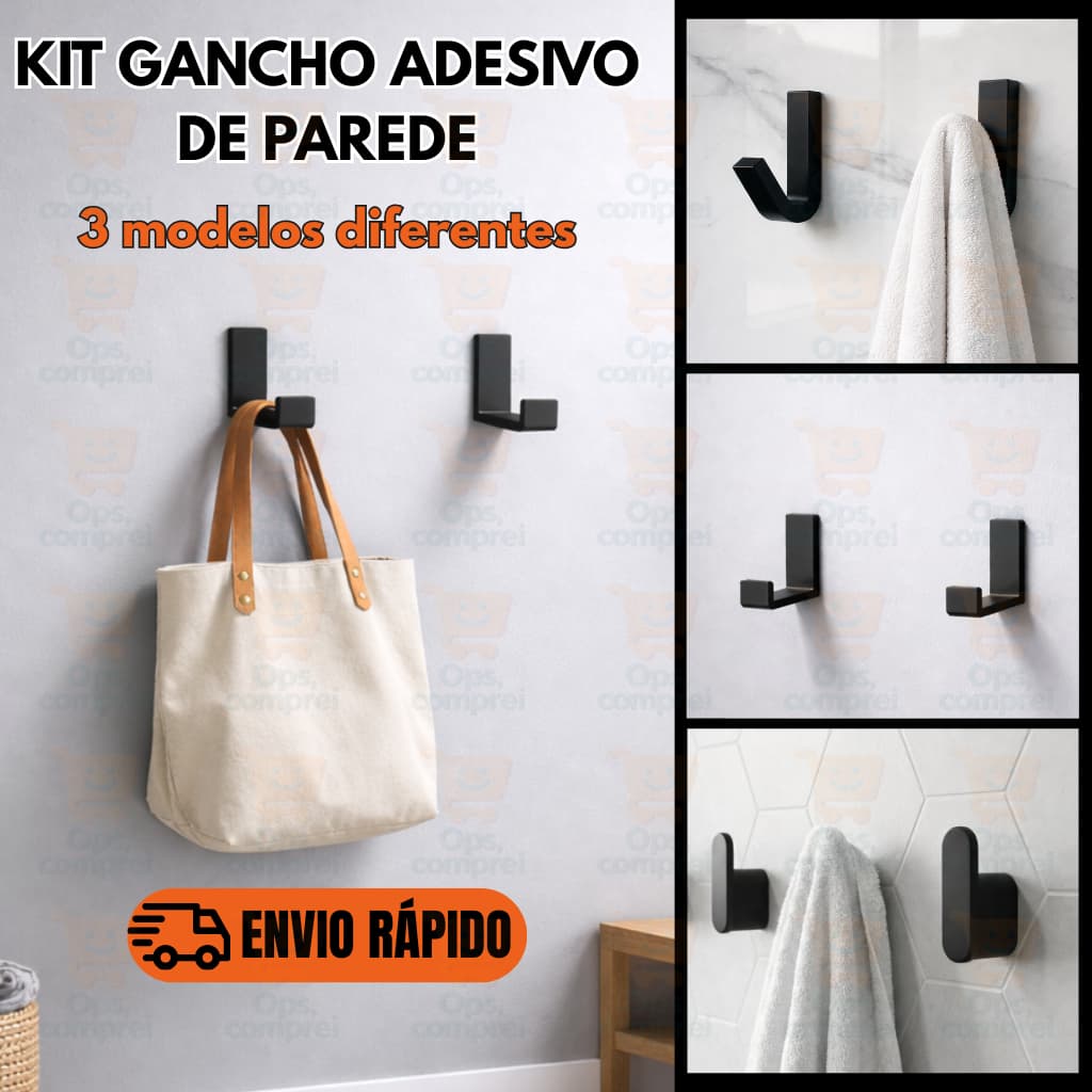 kit Gancho Pendurador Adesivo Preto Sem Furo Multiuso Bolsa Toalha Banheiro Multiuso