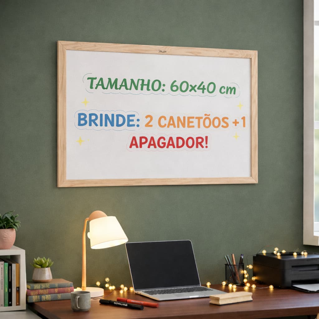 Quadro Lousa Escolar Branco 60x40 Moldura em Madeira com Apagador e Marcadores