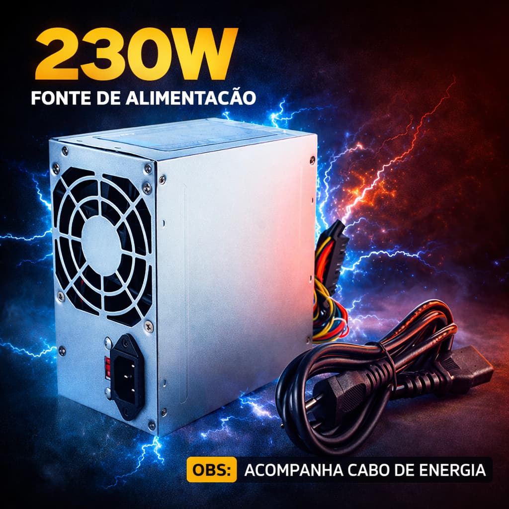 Fonte ATX 230W Bivolt Silenciosa para PC Desktop Escritório e Automação Comercial + Cabo de Energia