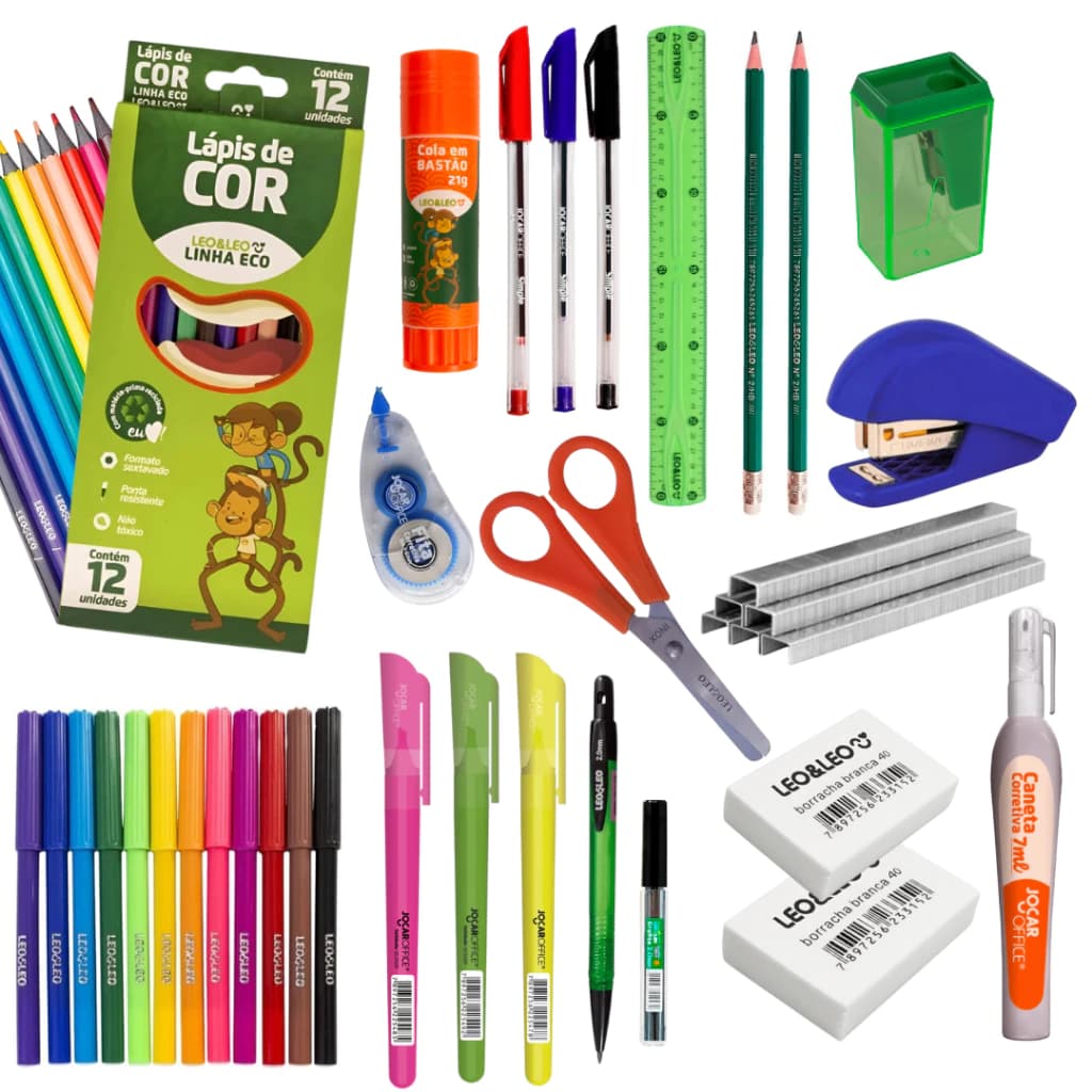 Kit Escolar Material Completo Lapis de Cor Hidrocor Caneta Apontador Borracha Juvenil Leo Leo