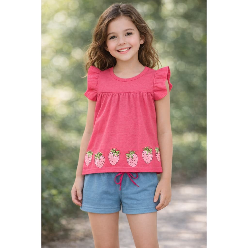 Conjunto Infantil Blusa Meia Malha com Estampa de Morangos e Shorts Moletinho