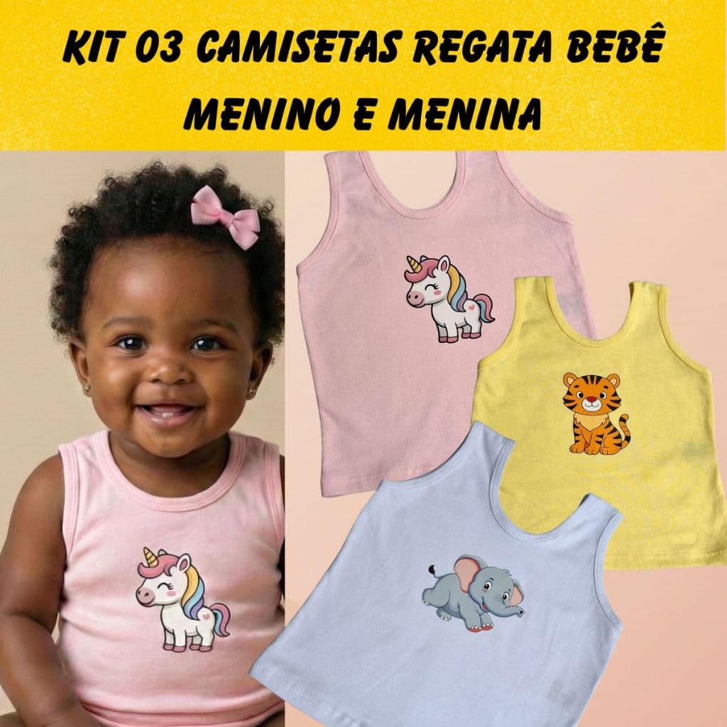 Kit 03 Camisetas Regata Bebê Infantil Recém Nascido RN Menino Menina Algodão Verão