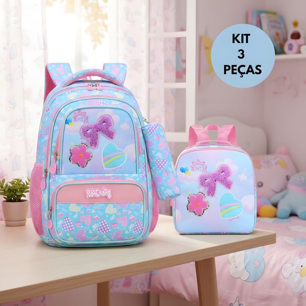 Kit Mochila 3 Peças Escolar Infantil Com Lancheira Térmica e Estojo Completo Espaçosa De Qualidade Premium