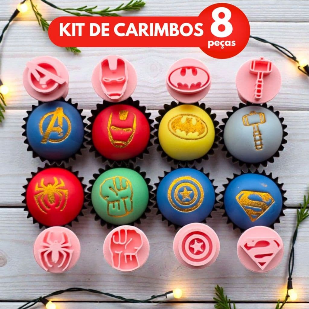 Kit Carimbos Para Doces Super Heróis pra Brigadeiros, Massa e Biscoito - 8 peças