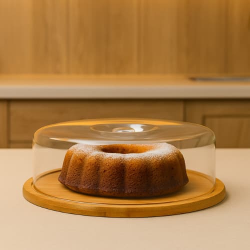 Boleira Bambu com Cúpula Acrílica Porta Bolo Torta Pudim Queijo Decoração Decor Mesa Posta