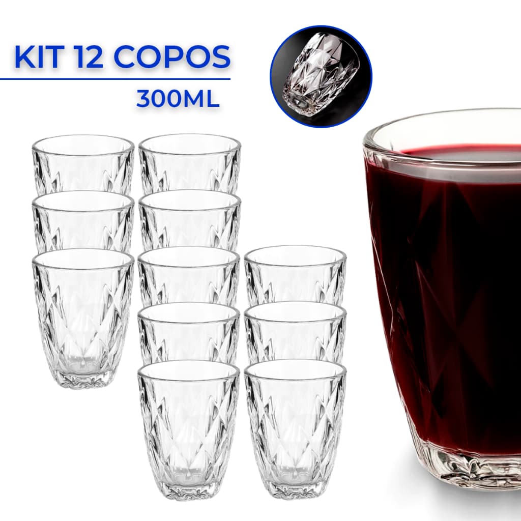 Jogo 3/6/12 Copos Baixos Diamond 300ml Vidro Grosso Diamante Luxo