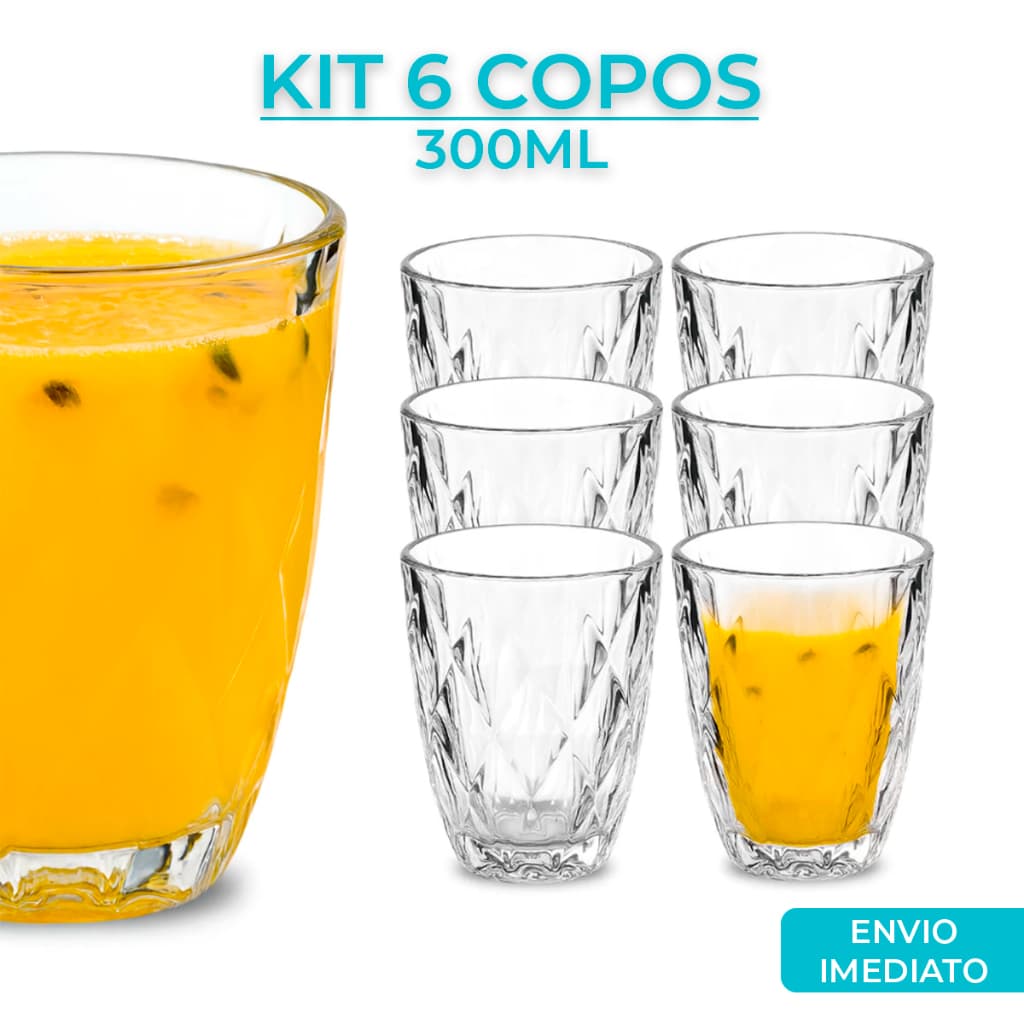 Jogo 3/6 Copos Baixos Diamond 300ml Vidro Grosso Diamante Luxo