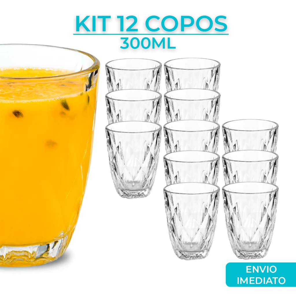 Jogo 3/6/12 Copos Baixos Diamond 300ml Vidro Grosso Diamante Luxo