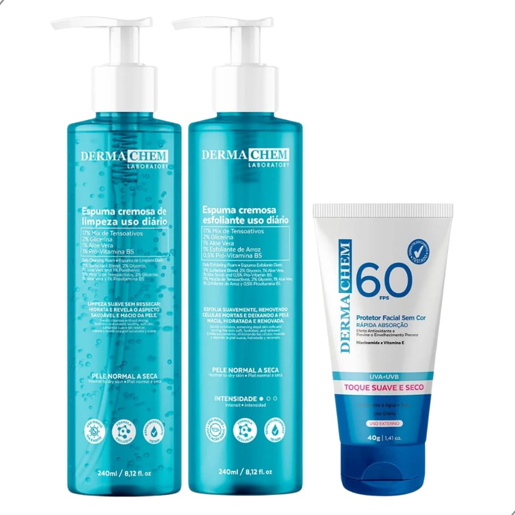 Kit Facial com Espuma de Limpeza, Esfoliante e Protetor Solar FPS 60 Dermachem