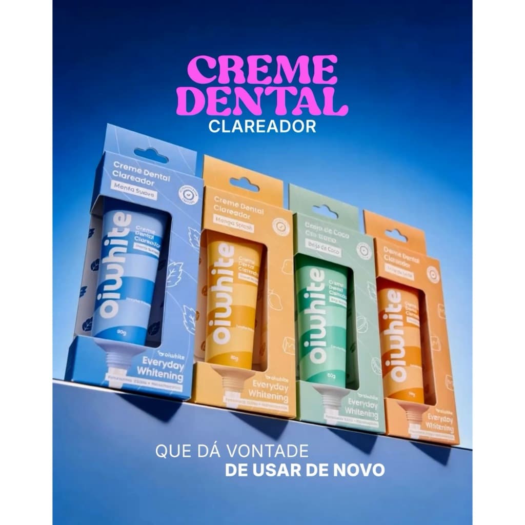 Creme Dental Clareador oiwhite 60g – Hidroxiapatita | Sabores Manga, Coco, Doce de Leite, Menta