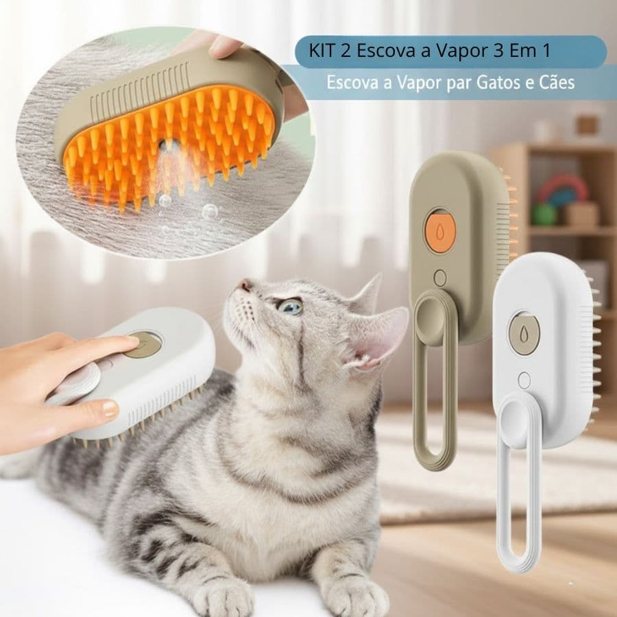 KIT 2 Escova a Vapor 3 Em 1 Para Gatos Remoção de Pelos a Vapor Para Animais de Estimação