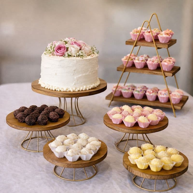 Kit Decoração Mesa de Festa Combo 6 Peças Escadinha + Suporte Boleira e Doceiras