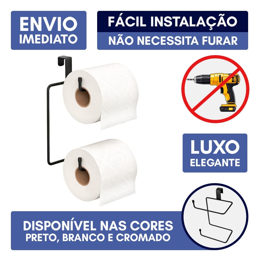 Suporte Duplo Porta Papel Higiênico Sem Furo Encaixe Caixa Acoplada Resistente Papeleira Premium