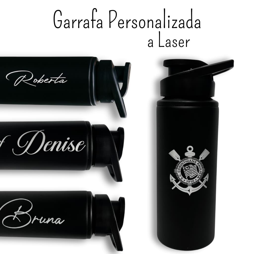 Garrafa Squeeze 600ml Alumínio Preta Personalizada Gravação a Laser