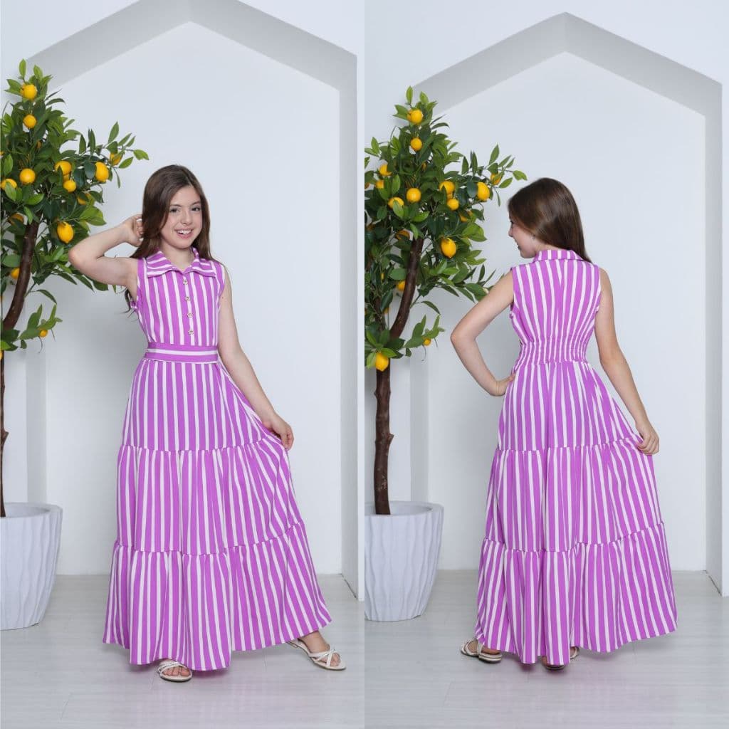 VESTIDO CASUAL LONGO COM BOTOES INFANTO JUVENIL PARA MENINAS LISTRADO