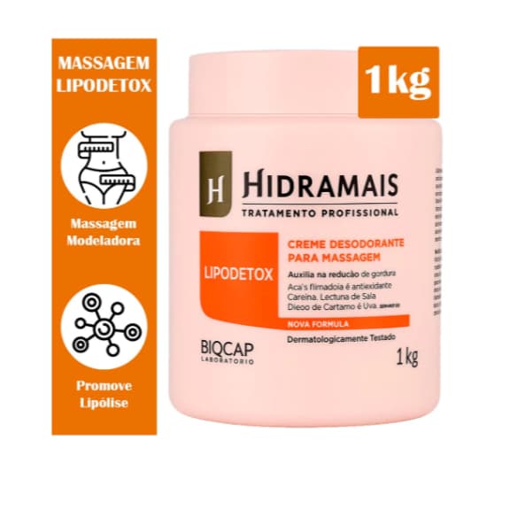 Creme Lipodetox Hidramais Para Massagem 1kg Auxilia na quebra de gordura localizada, combate a flacidez e inchaço