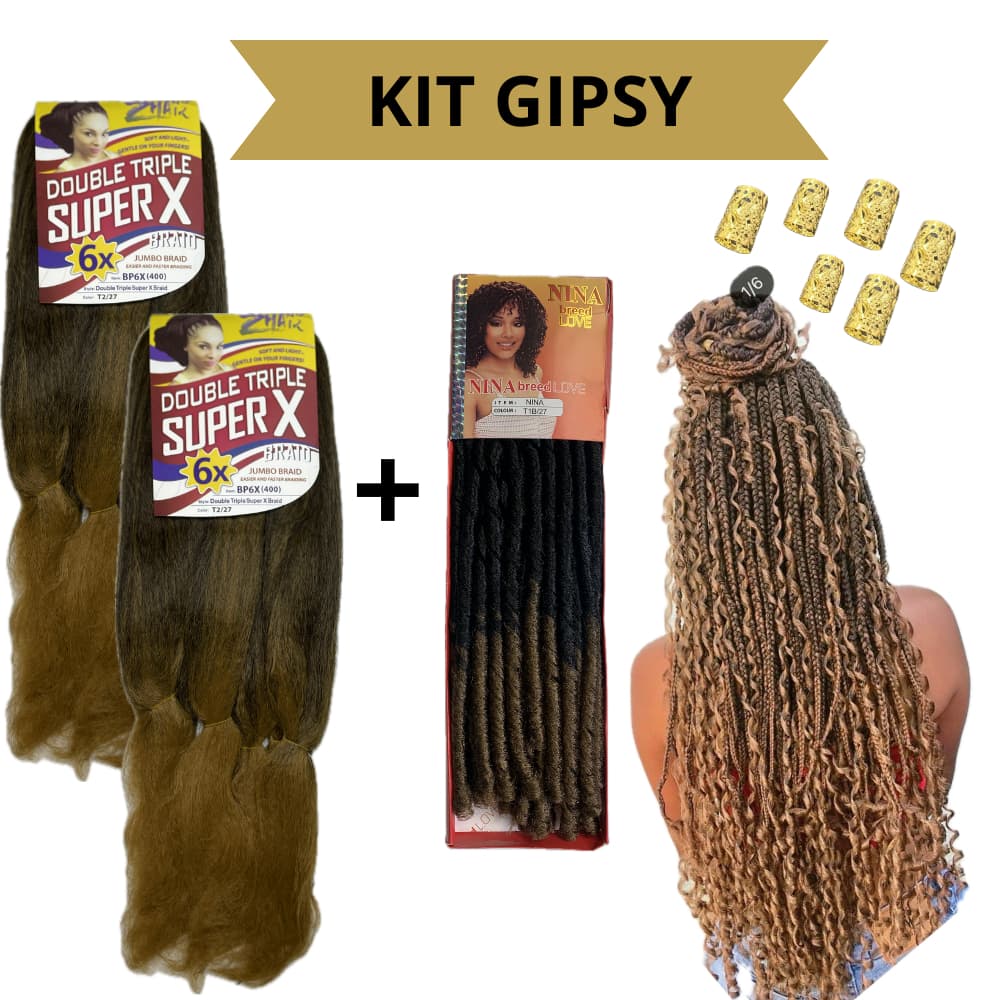Kit Tranças Gypsy 1 Nina Softex Crochet + 2 Jumbo Super X Zhang Hair + Anéis