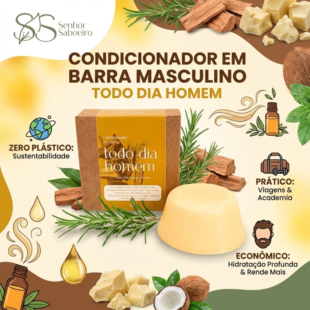 Condicionador Masculino Cabelo e Barba - Força e Volume - Em barra - Óleos essenciais Alecrim e cedro 55g