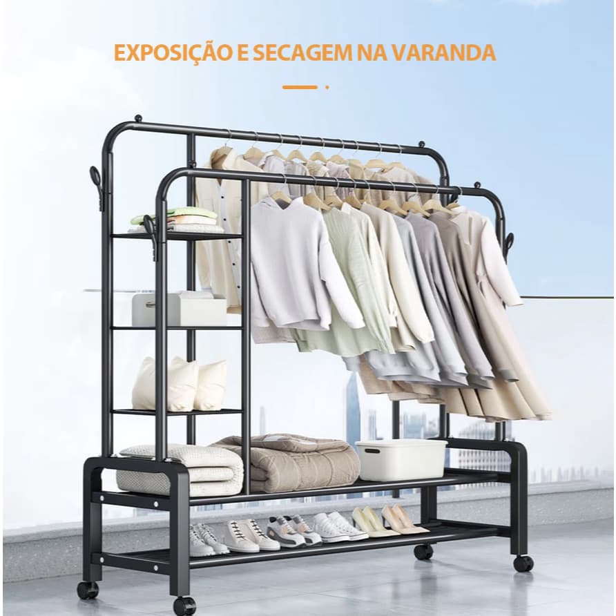 Guarda-roupas, sapateiras, prateleiras com divisórias e guarda-roupas portáteis com rodinhas