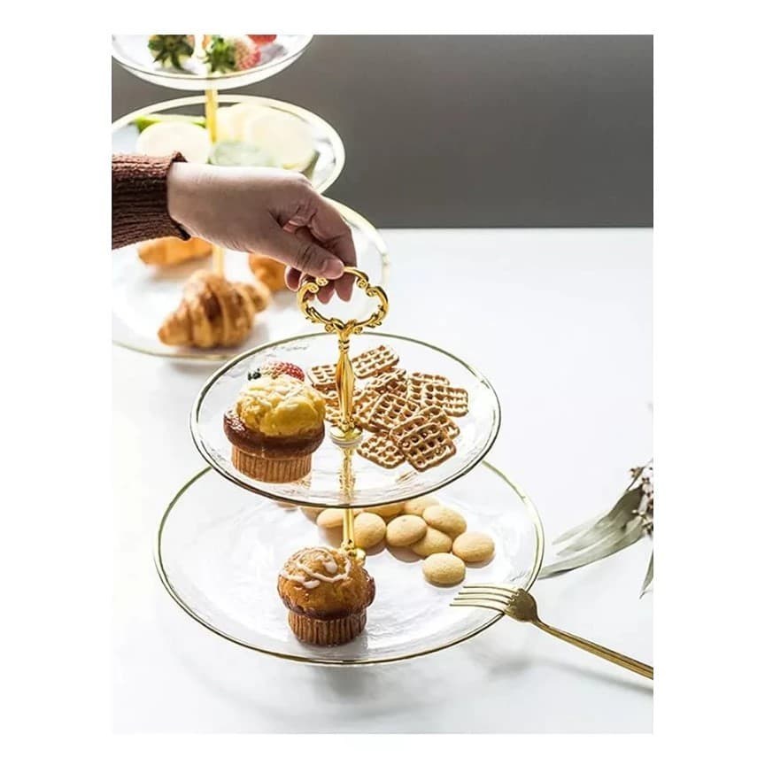 Prato Para Doces Frutas Cup Cakes Acrílico Luxo Dourado 2 e 3 andares Decoração Mesas e Eventos