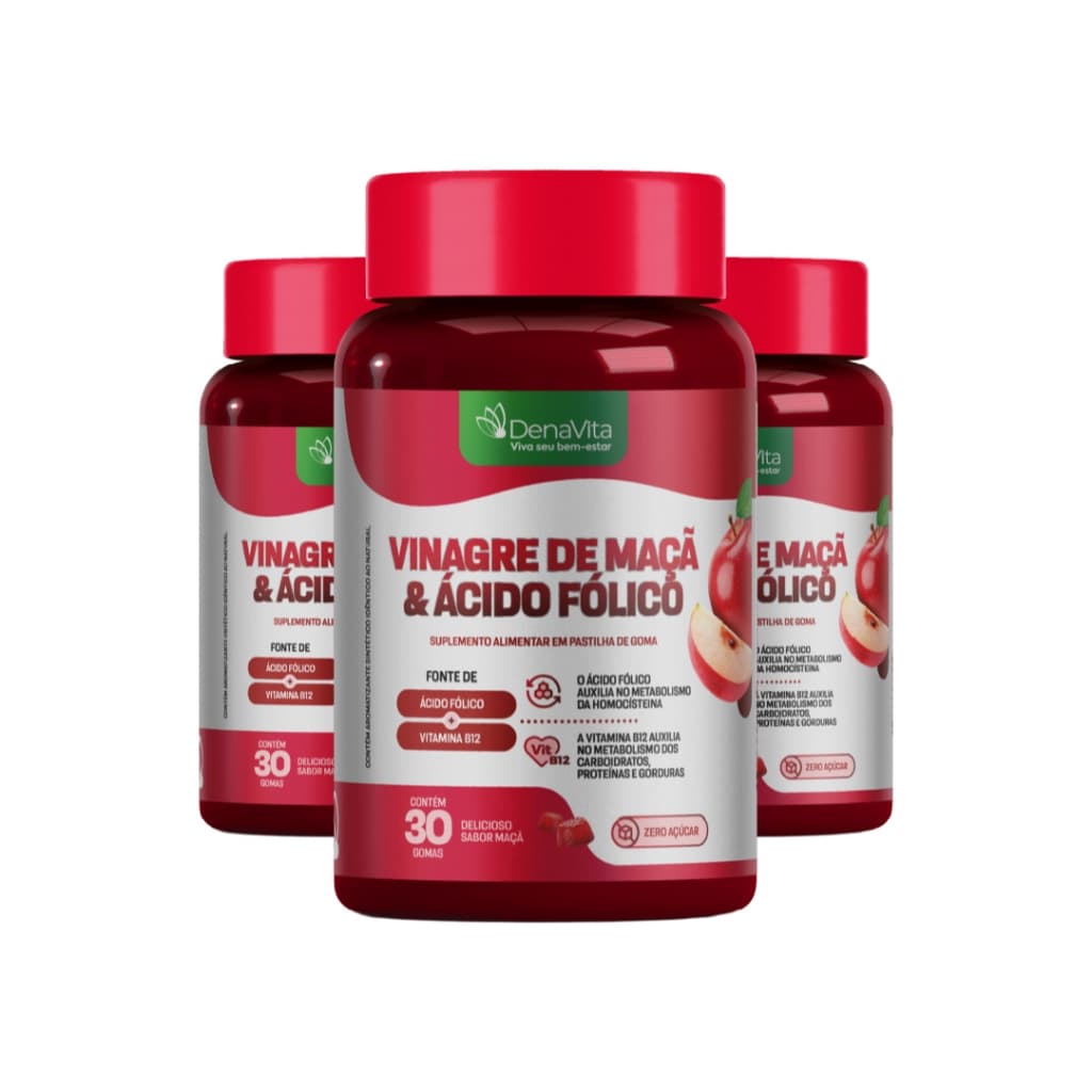 Kit Gummy Vinagre De Maçã Com Ácido Fólico Em Goma, Apple Cider Vinegar - Lançamento - Denavita