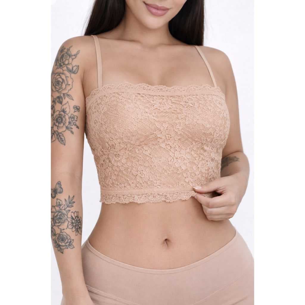 Kit 2 Cropped Faixa De Renda Top Sem Bojo Alça Fina Forrado Sutiã Blusinha
