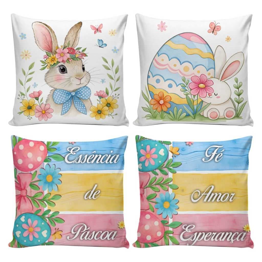Kit 4 Capas de Almofadas Decorativas 45x45cm de Páscoa para Sala Quarto e Decoração Ovo de Páscoa