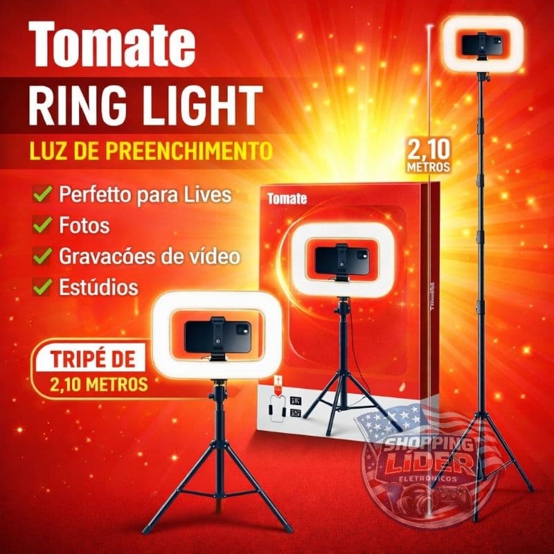 Ring Light Tomate 26cm com Tripé Profissional 2,10m – Iluminação LED para Live, Fotos e Vídeos