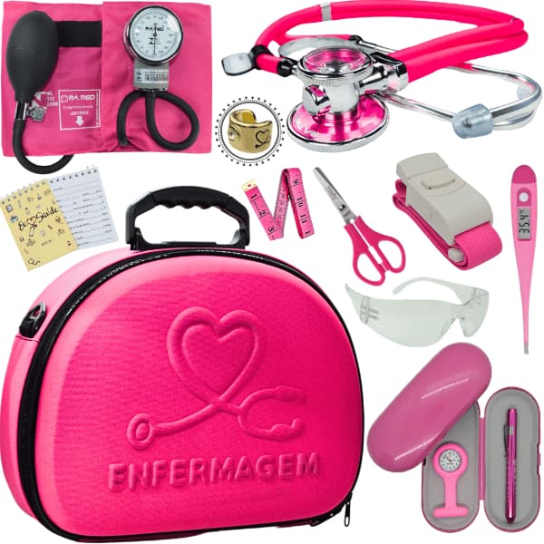 Kit Enfermagem Maleta Aparelho Pressão Aneroide Estetoscópio Rappaport Duplo Completo Técnico