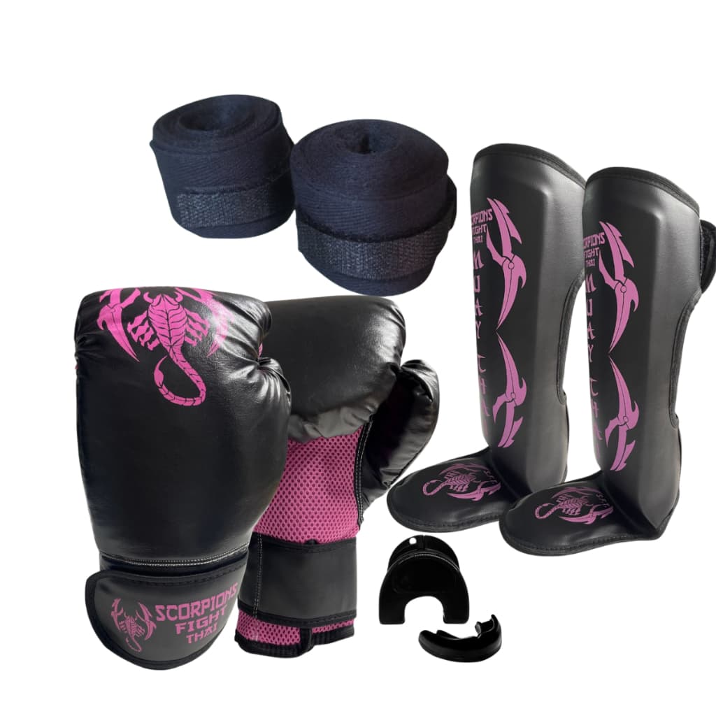 Kit Muay Thai Luva+Caneleira+Bandagem+Bucal