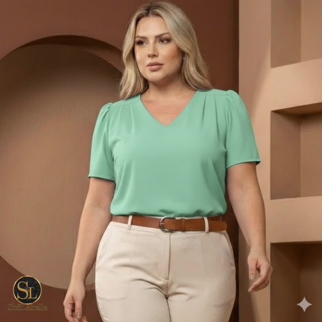 Blusa Feminina Manga Curta Plus Size Princesa Decote V Duna Premium GG G1 G2 G3  Elegante Não Amassa