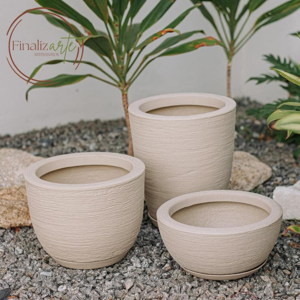 Kit 3 Vasos Decorativos Plantas Flores Polietileno Coluna Bojo Escovado N1 + Bacia Escovada N1 + Bojo Escovado N1+Prato