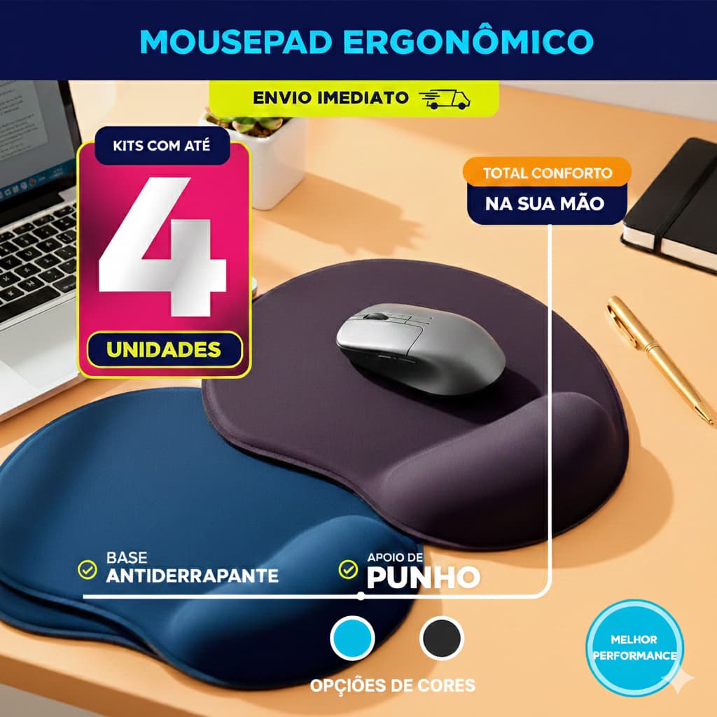 Mousepad Gamer Para Estudo Kit 4, 3, 2, e 1 und Com Apoio De Punho Pulso Mouse Pad Ergonomico Confortável
