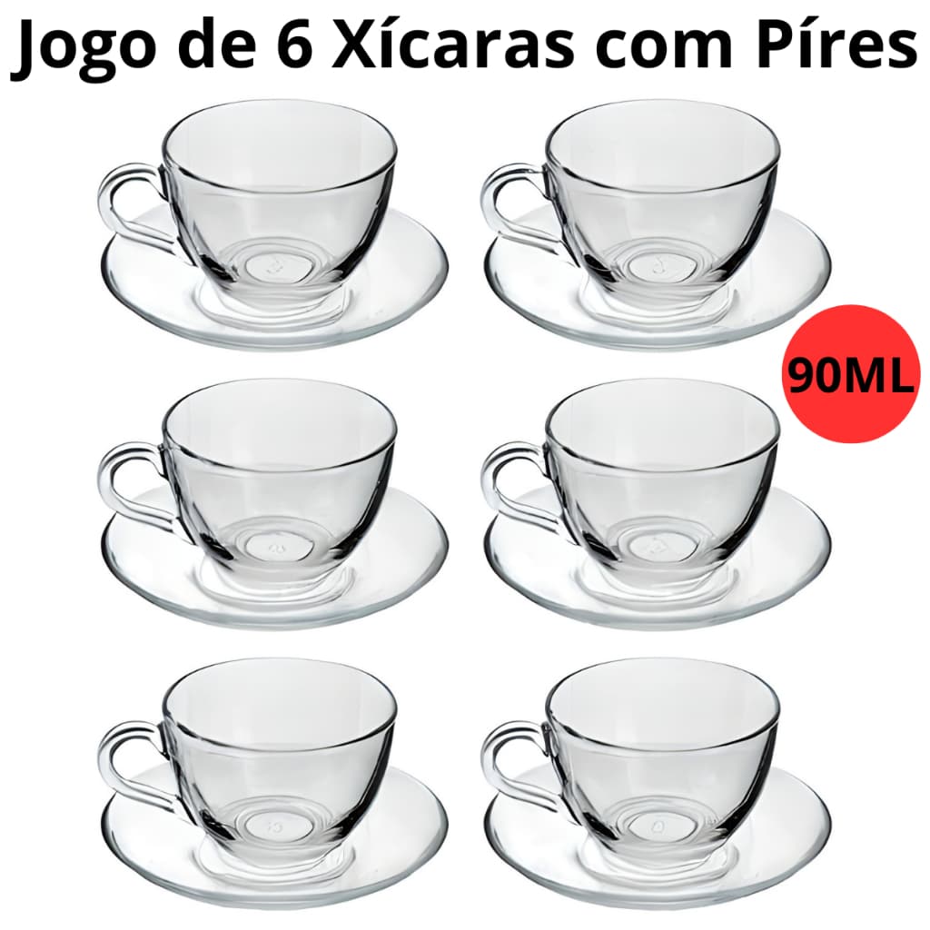 Jogo de Xícaras Com Pires Café Chá 12 Peças Transparente Vidro Incolor 90ml