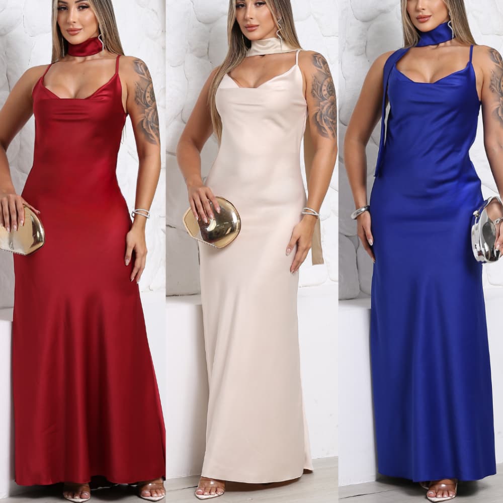 Vestido Feminino Cetim Longo Luxo Elegante chique Alça Regulável com faixa Tendência 2026
