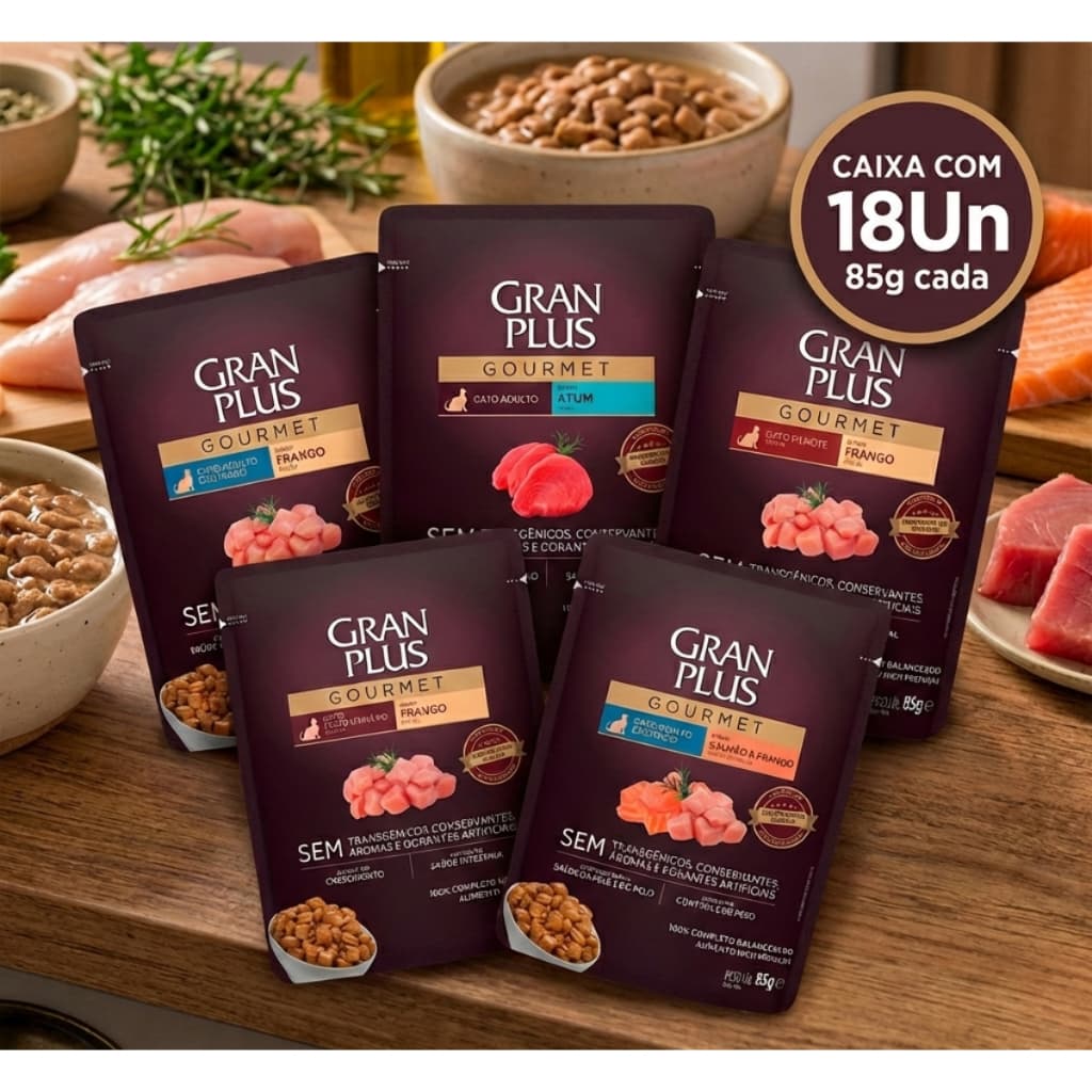 Ração Úmida GranPlus Sachês Para Gatos Caixa Com 18Un 85g - Carne, Frango, Atum, Ovelha e Salmão