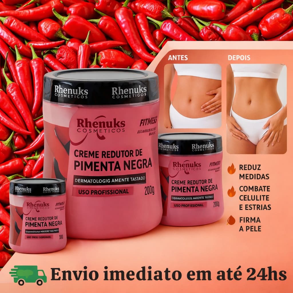 Creme Redutor de Medidas Pimenta Negra 200g – Anticelulite, Estrias e Firmador de Pele