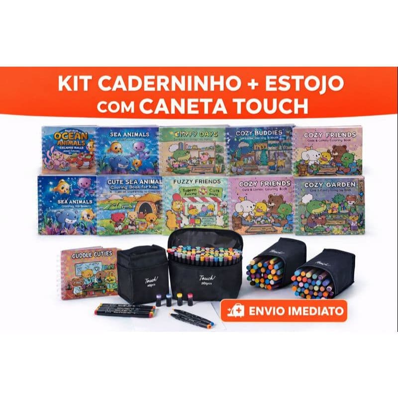 Caderninho de Colorir + 24 Canetas Touch Dupla Ponta (Fina + Brush)