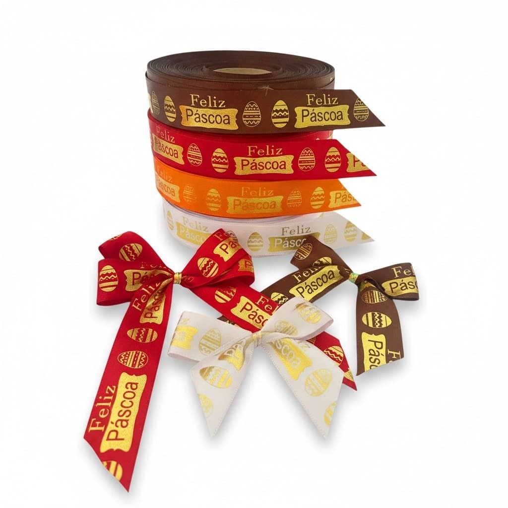 Fita de Cetim Feliz Páscoa 22mm | Hot Stamping | 5m 10m 50m | Embalagem Ovo de Páscoa