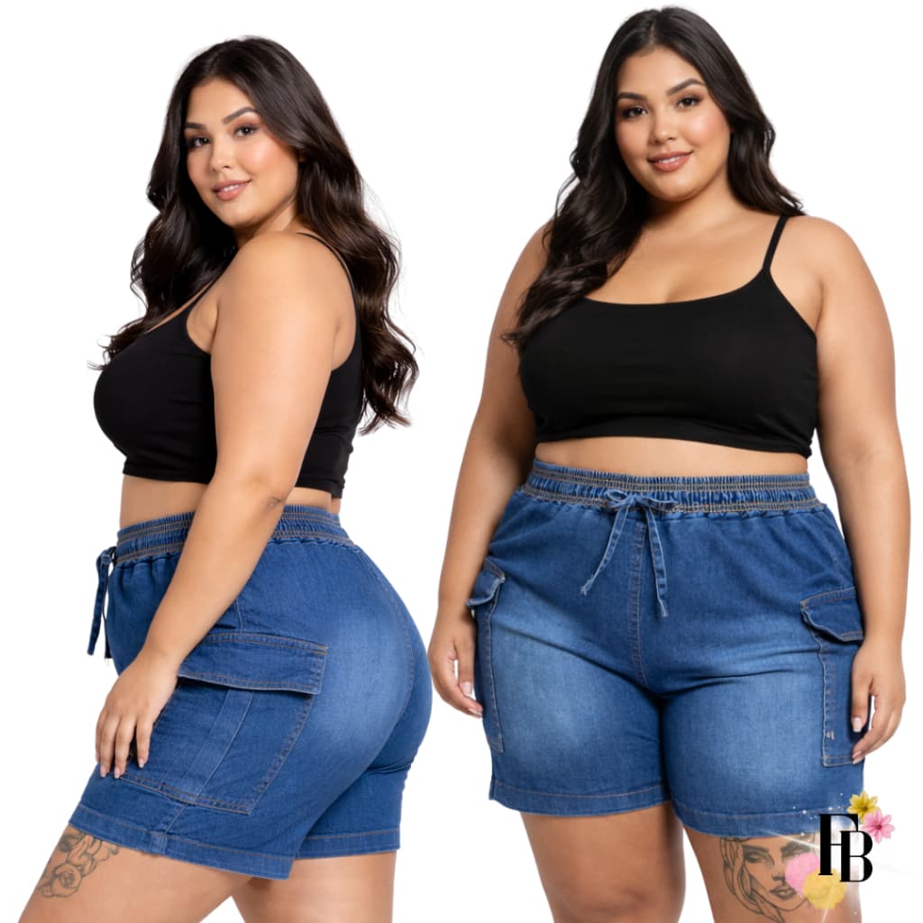 Short Jeans Lycra Plus Size do 42 ao 56 Feminino Cintura Alta Bolso Lateral Cordão Verão Estiloso